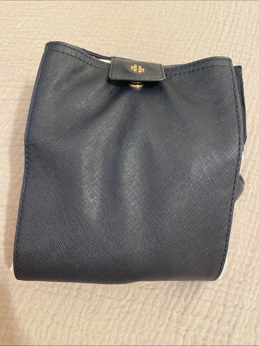 Tory Burch Navy and White Striped Canvas Tote with Logo